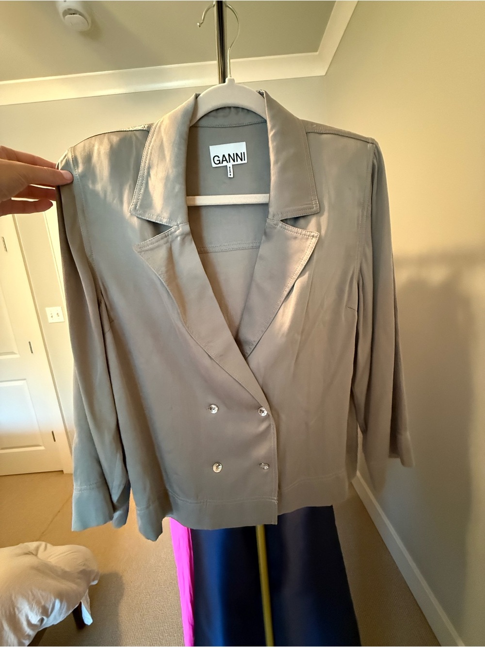 GANNI Taupe Double-Breasted Satin Blazer Top